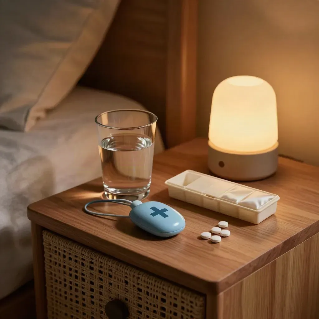 Kit de alarma médica en mesilla con vaso de agua y luz cálida nocturna.