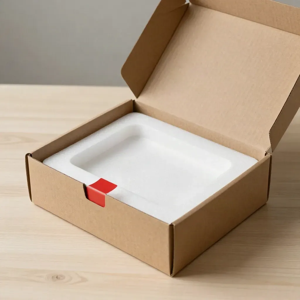 Caja kraft abierta con base cargadora, espuma blanca y colgante asomando sobre madera clara.