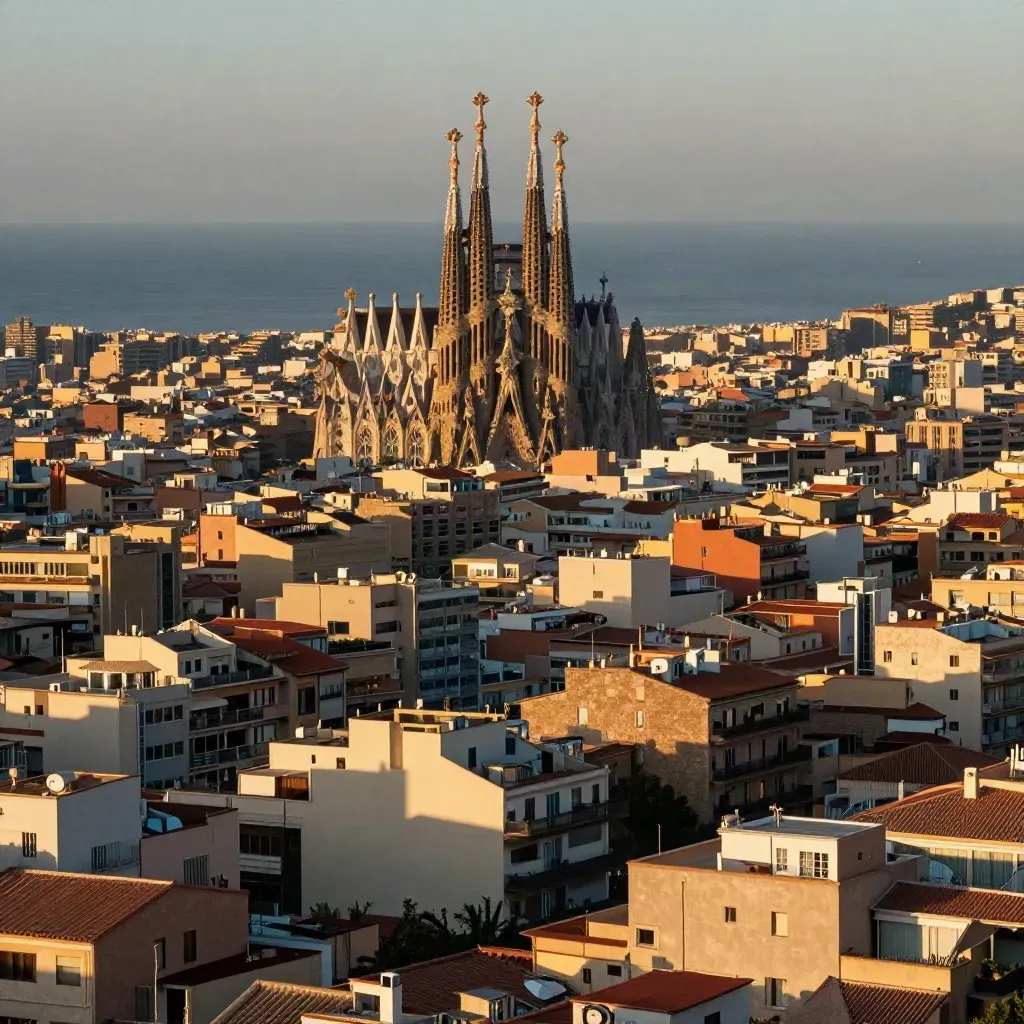 Barcelona al atardecer con la Sagrada Família sobre el Eixample y bruma marina.