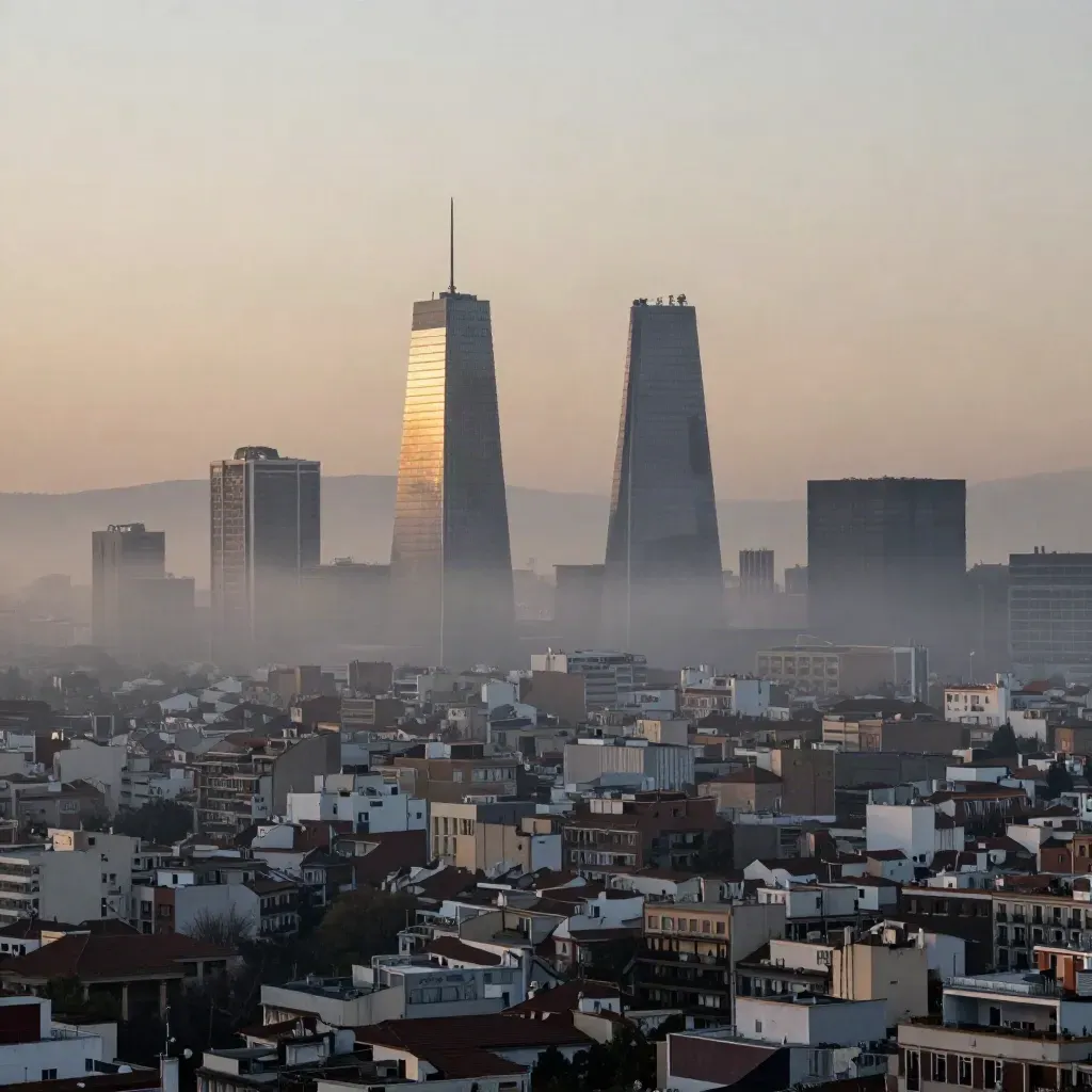 Madrid al amanecer con las Cuatro Torres sobre una ciudad envuelta en bruma