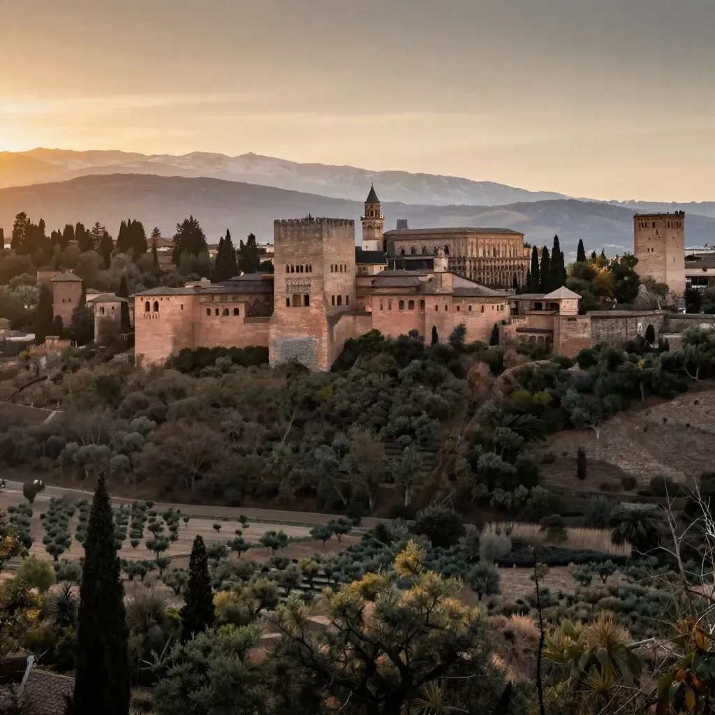 La Alhambra alta sobre olivos y Sierra Nevada al atardecer, con bruma cálida.